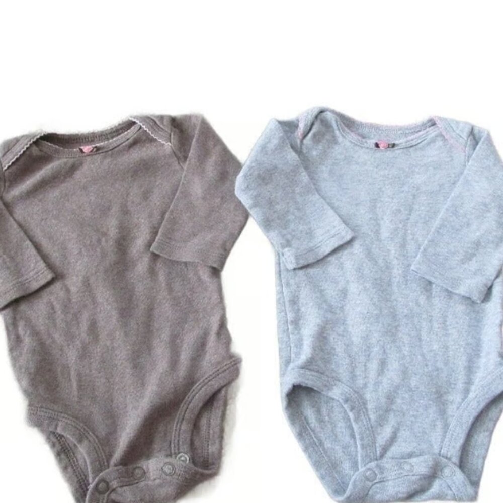 Carters Baby Girl Bodysuits Sz 3M Brown Gray Snap Long Sleeve Infant Lot‎ of 2